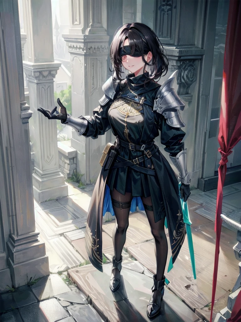 ((one-eyed blindfold)), holy paladin, scythe, dark Heavy armor, absurdres, RAW photo, extremely delicate and beautiful, masterpiece, Best Quality, ultra high resolution, 32k, hyperrealistic, ultra-detailed, detailed description, pale skin, 20 years old, tearful mole, earring, Colossal tits, short medium hair, wavy hair, evil grin, full body shot,