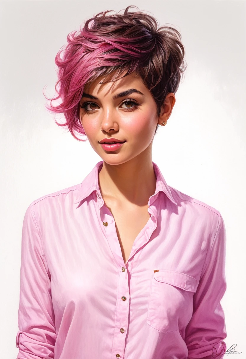 crea una mujer con pelo corte pixie ,con camisa rosa , obra maestra, estilo ilustracion de Ali Erturk, alto detalle, hiperrealista, luz natural,ilustracion , colores llamativos