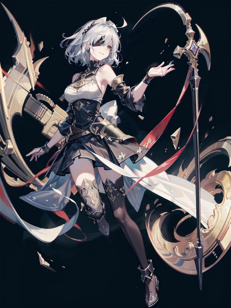 ((one-eyed blindfold)), holy paladin, scythe, dark Heavy armor, absurdres, RAW photo, extremely delicate and beautiful, masterpiece, Best Quality, ultra high resolution, 32k, hyperrealistic, ultra-detailed, detailed description, pale skin, 20 years old, tearful mole, earring, Colossal tits, short medium hair, wavy hair, evil grin, full body shot,
