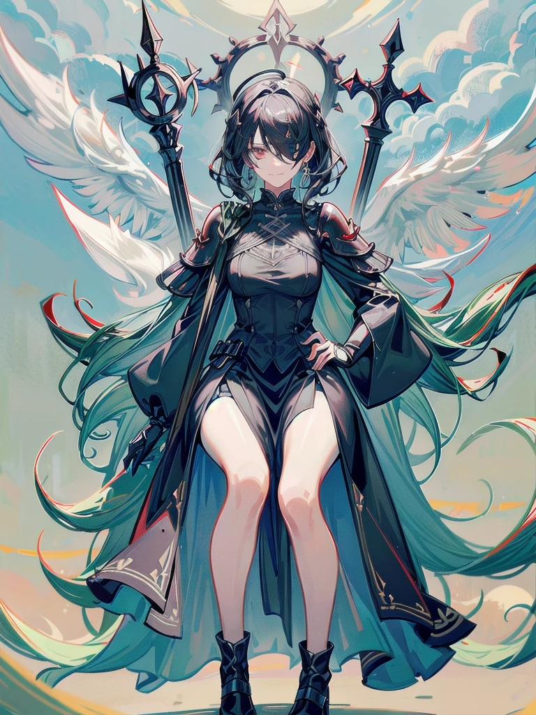 ((one-eyed blindfold)), holy paladin, scythe, dark Heavy armor, absurdres, RAW photo, extremely delicate and beautiful, masterpiece, Best Quality, ultra high resolution, 32k, hyperrealistic, ultra-detailed, detailed description, pale skin, 20 years old, tearful mole, earring, Colossal tits, short medium hair, wavy hair, evil grin, full body shot,