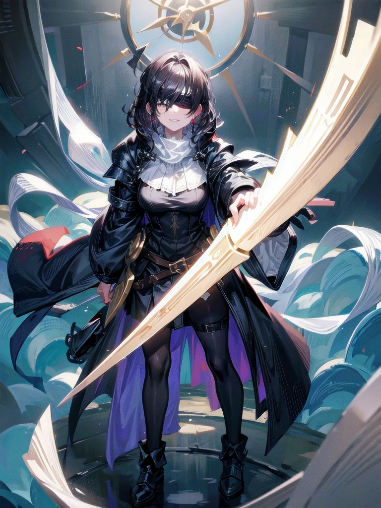 ((one-eyed fold)), holy paladin, scythe, dark Heavy armor, absurdres, RAW photo, extremely delicate and beautiful, masterpiece, Best Quality, ultra high resolution, 32k, hyperrealistic, ultra-detailed, detailed description, pale skin, 20 years old, tearful mole, earring, Colossal tits,rt medium hair, wavy hair, evil grin, full body shot,