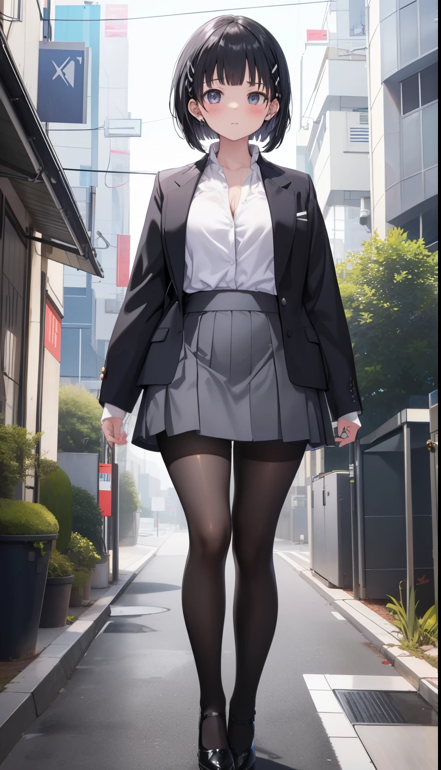 One Girl、positive、Standing posture、Full body portrait、Black Hair、Medium Haircut、blush、Absolute area、Black knee-high socks、Knee-length、stockings、Black Pantyhose、White underwear、Light blue shirt、Blue-gray business suit、Grey tight mini skirt、Japanese office lady、Summer clothes、office、Daytime、（Very large breasts）、Cleavage、open chest shirt、((Lesbians all over the world))、masterpiece、（highest quality）、
Panties around the ankles、Black high heels、Shirt buttons fly off