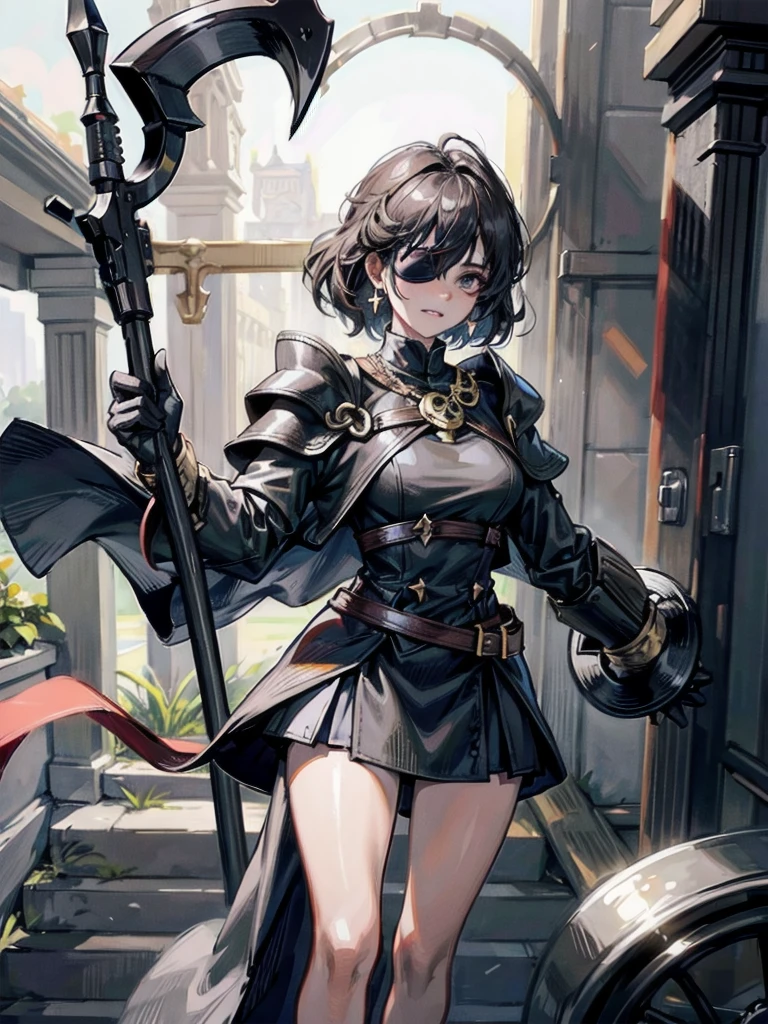 ((one-eyed blindfold)), holy paladin, scythe, dark Heavy armor, absurdres, RAW photo, extremely delicate and beautiful, masterpiece, Best Quality, ultra high resolution, 32k, hyperrealistic, ultra-detailed, detailed description, pale skin, 20 years old, tearful mole, earring, Colossal tits, short medium hair, wavy hair, evil grin, full body shot,