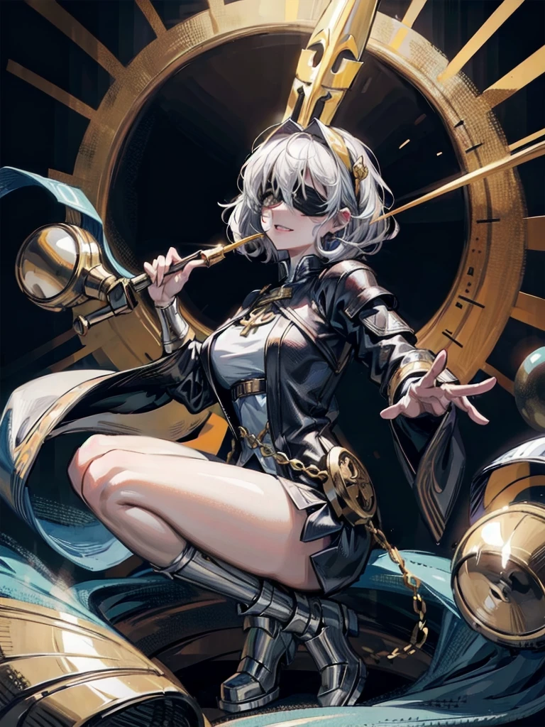 ((one-eyed blindfold)), holy paladin, scythe, dark Heavy armor, absurdres, RAW photo, extremely delicate and beautiful, masterpiece, Best Quality, ultra high resolution, 32k, hyperrealistic, ultra-detailed, detailed description, pale skin, 20 years old, tearful mole, earring, Colossal tits, short medium hair, wavy hair, evil grin, full body shot,