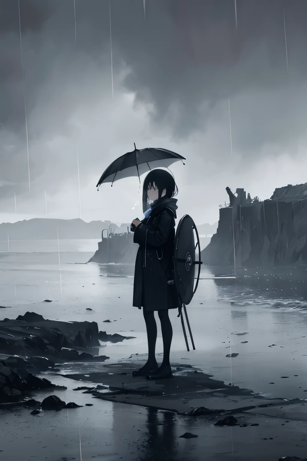 In the midst of a desolate sad island, a solitary female UX designer stood all alone, her posture slumped with melancholy. The rainpour, in torrents, drenched her from head to toe. She clutched an old worn-out umbrella tightly, as if it were her only shield against the relentless downpour. The 9:16 aspect ratio scene unfolded with an air of wistfulness.

The island, barren and forsaken, was blanketed in a somber hue. The melancholic ambiance was further accentuated as the raindrops glistened on the surfaces of the island. The atmosphere was