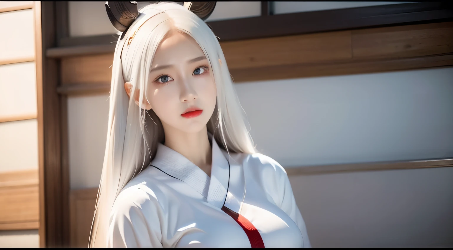 1 chica, otsutsuki kaguya in anime naruto shippuden, pelo largo, pelo blanco, ojos blancos, hermoso, Ropa blanca descubierta los pechos, fondo del mes, Ultra detalle, realista, red lips showing her tits