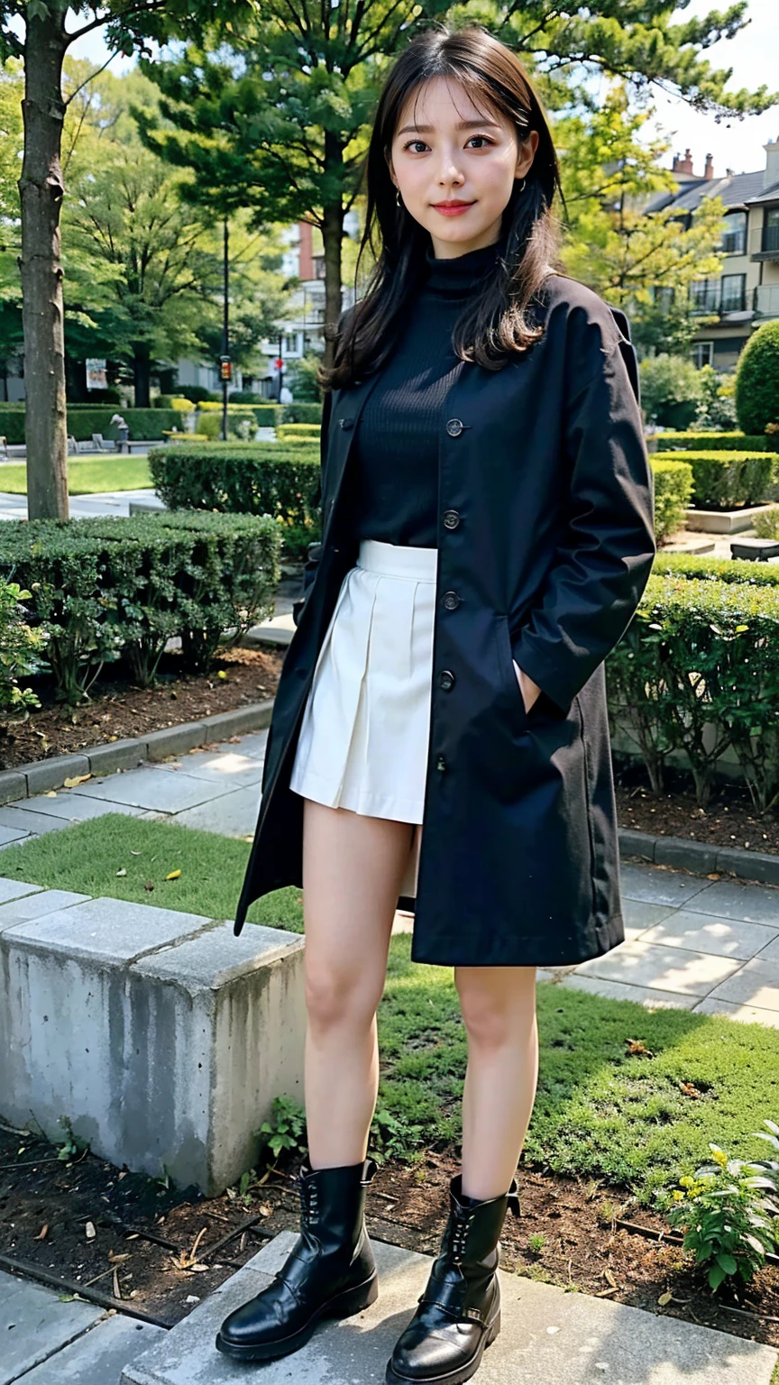 (8k、RAW Photos、highest quality、masterpiece:1.2)、(Realistic、Realistic)、1 girl、((White Mini Skirt、Black Coat、Large Breasts、View from the front、garden、boots、Standing))、Lots of eyelashes、Glowing eyelids、skeletally correct