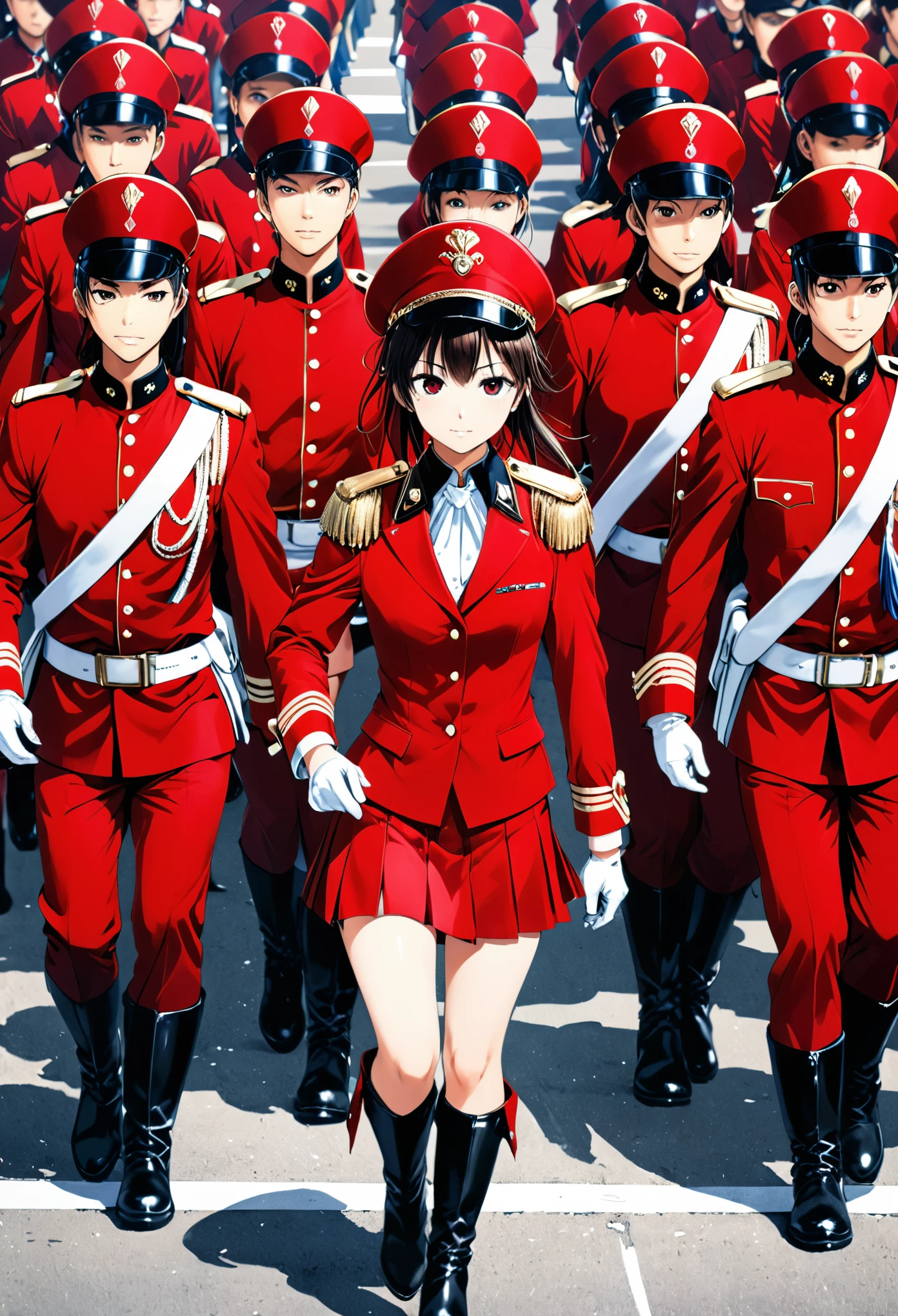 n style of Takeshi Obata,high res image,masterpiece,best quality,girl,cowboy shot,cute face,simple background,jyojifuku,(vivid color,red suit,marching,hat,boots,gloves,epaulettes,skirt,:1.3),