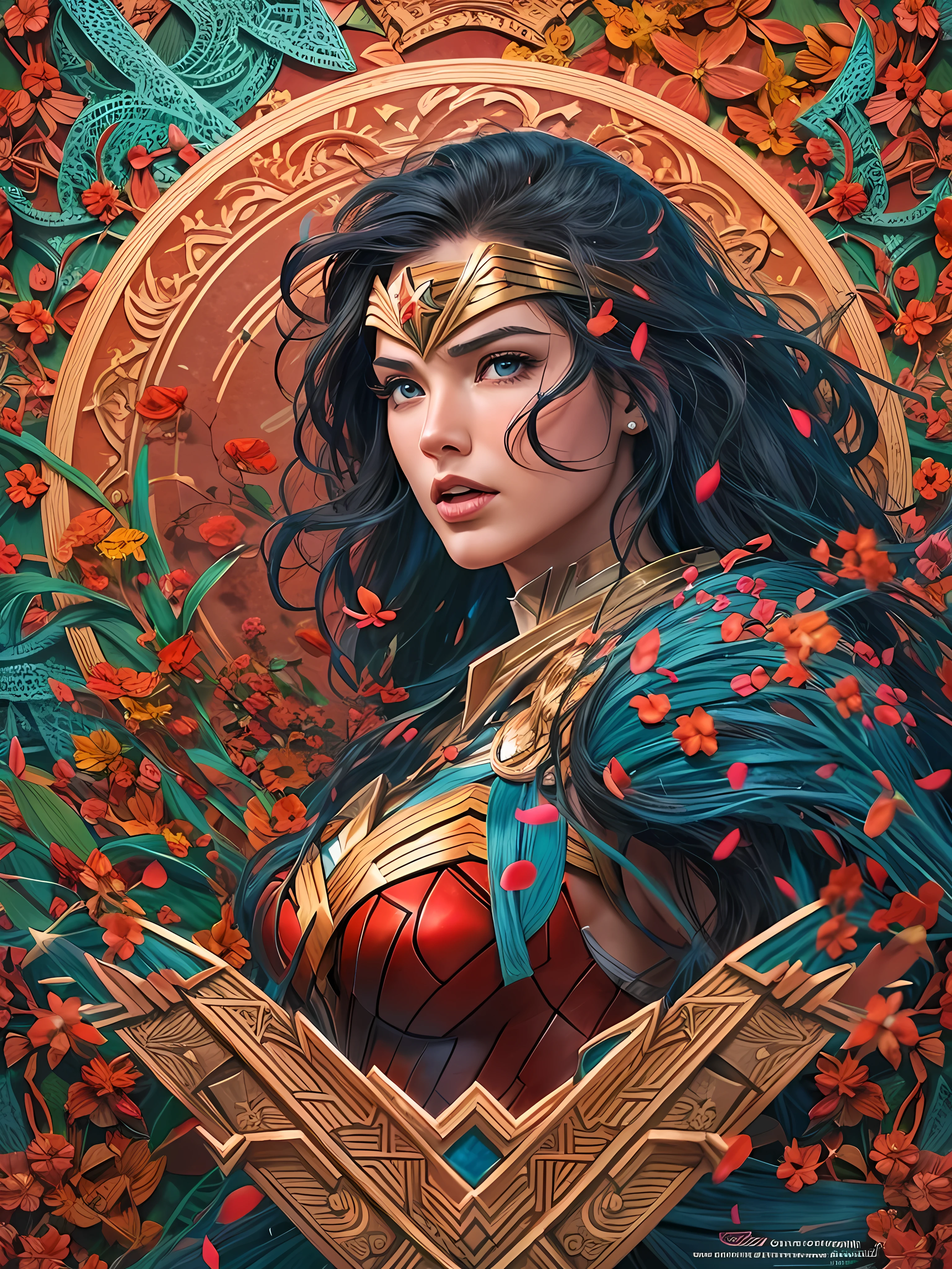 Wonder Woman, TM Samurai, intricate face details, poster style, icons, vibrant colors, vector style, digital art, 4K, intricate details, mesmerizing, professionally made, beautiful vector illustration, 12K resolution, 3D, all characters in detailed full body, highly detailed, vibrant, ultra high quality, Hyperrealism, Photorealism, octane render]
