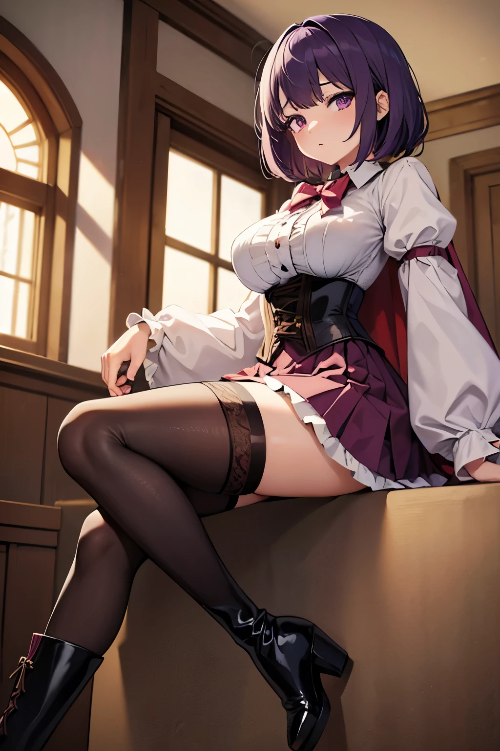 Anime girl, short wine colored hair, Bangs are heavy, violet eyes, elegant,((best quality)), ((highly detailed)), masterpiece, (1girl), puffy shirt, big bowtie, corset, skirt, stockings, boots, cape, frills, The sleeves are wide at the hem, long sleeve shirt. Indoors, mansion.