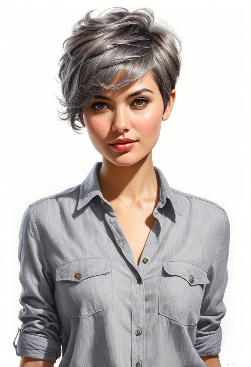 crea una mujer con pelo corte pixie ,con camisa gris , obra maestra, estilo ilustracion de Ali Erturk, alto detalle, hiperrealista, luz natural,ilustracion , colores llamativos
