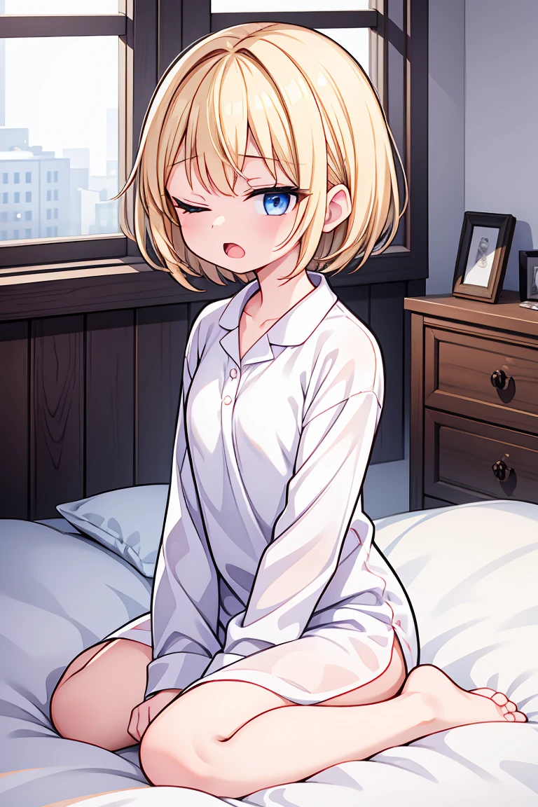 ((ultra detailed, masterpiece, best quality, 8k)), BREAK, 1girl, solo, flat breasts, clear skinned female:1.2, ,(clear skin:1.8), blonde hair, short hair, pixie cut, wavy hair, blue eyes, one eyes closed, wake up yawn, open mouth, covering mouth, pijamas, (white pijamas), window, morning, looking at viewer, sitting, seiza, waking up, on bed, full body, BREAK
