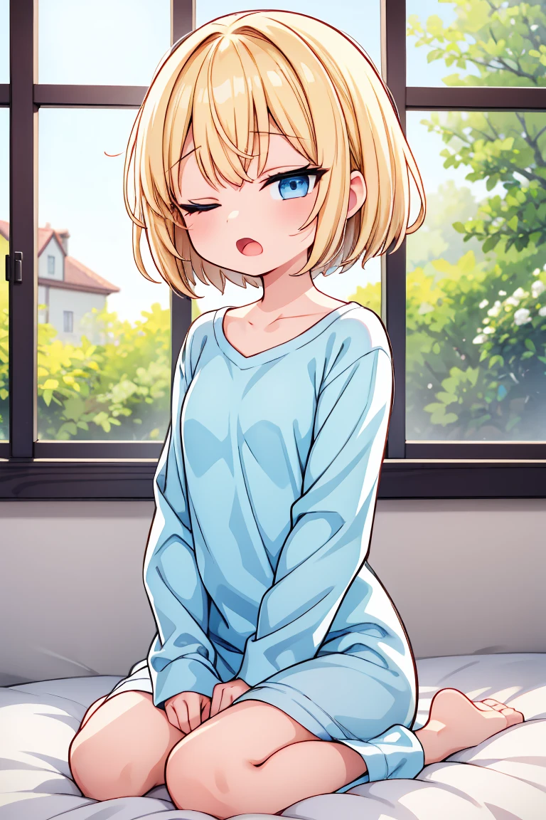 ((ultra detailed, masterpiece, best quality, 8k)), BREAK, 1girl, solo, flat breasts, clear skinned female:1.2, ,(clear skin:1.8), blonde hair, short hair, pixie cut, wavy hair, blue eyes, one eyes closed, wake up yawn, open mouth, covering mouth, pijamas, (white pijamas), window, morning, looking at viewer, sitting, seiza, waking up, on bed, full body, BREAK