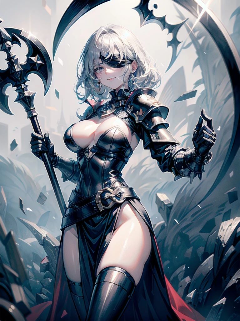 ((one-eyed blindfold)), holy paladin, scythe, dark Heavy armor, absurdres, RAW photo, extremely delicate and beautiful, masterpiece, Best Quality, ultra high resolution, 32k, hyperrealistic, ultra-detailed, detailed description, pale skin, 20 years old, tearful mole, earring, Colossal tits, short medium hair, wavy hair, evil grin, full body shot,