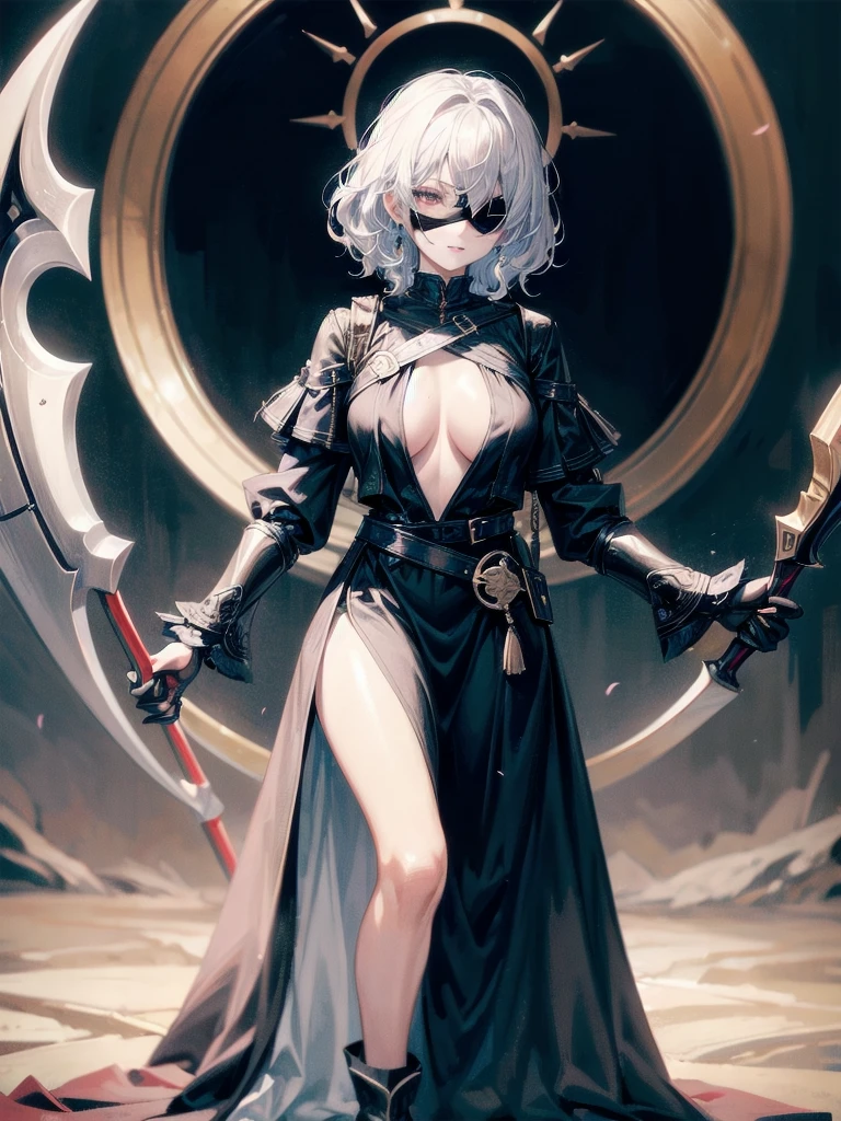 ((one-eyed blindfold)), holy paladin, scythe, dark Heavy armor, absurdres, RAW photo, extremely delicate and beautiful, masterpiece, Best Quality, ultra high resolution, 32k, hyperrealistic, ultra-detailed, detailed description, pale skin, 20 years old, tearful mole, earring, Colossal tits, short medium hair, wavy hair, evil grin, full body shot,