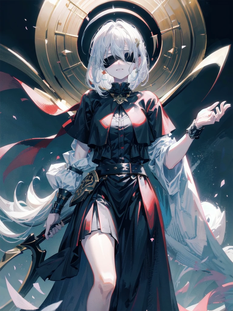 ((one-eyed blindfold)), holy paladin, scythe, dark Heavy armor, absurdres, RAW photo, extremely delicate and beautiful, masterpiece, Best Quality, ultra high resolution, 32k, hyperrealistic, ultra-detailed, detailed description, pale skin, 20 years old, tearful mole, earring, Colossal tits, short medium hair, wavy hair, evil grin, full body shot,