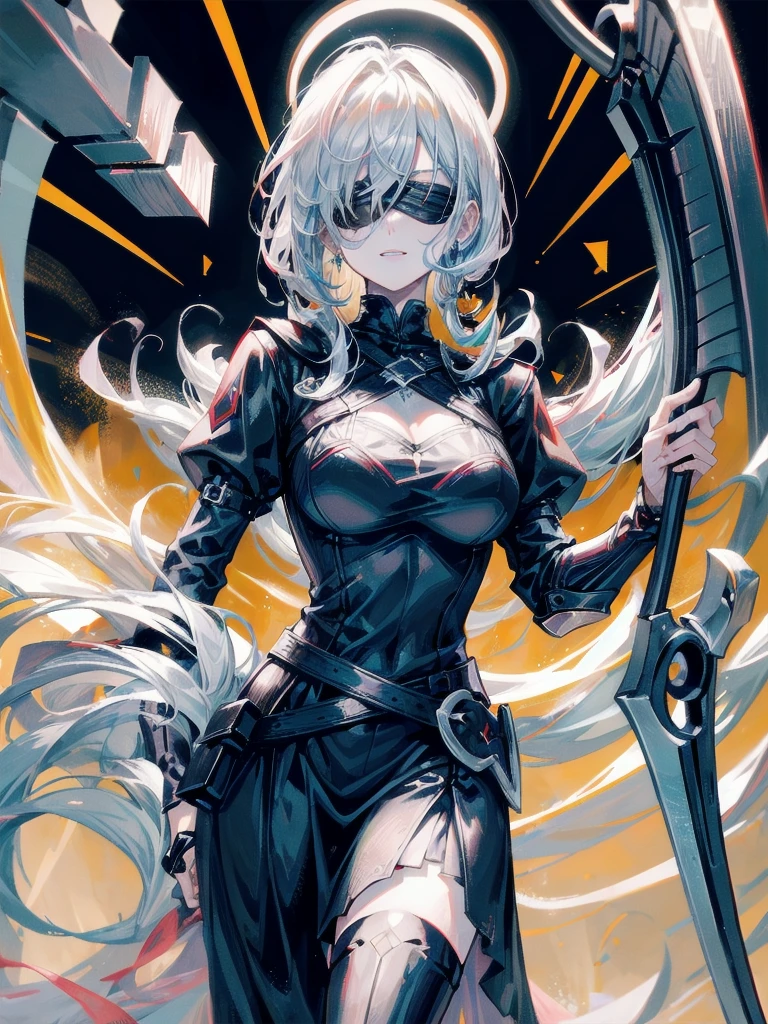 ((one-eyed blindfold)), holy paladin, scythe, dark Heavy armor, absurdres, RAW photo, extremely delicate and beautiful, masterpiece, Best Quality, ultra high resolution, 32k, hyperrealistic, ultra-detailed, detailed description, pale skin, 20 years old, tearful mole, earring, Colossal tits, short medium hair, wavy hair, evil grin, full body shot,