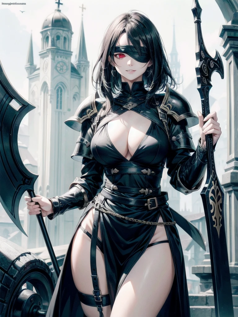 ((one-eyed blindfold)), holy paladin, scythe, dark Heavy armor, absurdres, RAW photo, extremely delicate and beautiful, masterpiece, Best Quality, ultra high resolution, 32k, hyperrealistic, ultra-detailed, detailed description, pale skin, 20 years old, tearful mole, earring, Colossal tits, short medium hair, wavy hair, evil grin, full body shot,