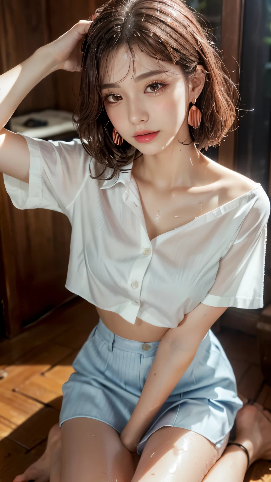 (Very delicate and beautiful, masterpiece, highest quality, Ultra-high resolution, 16k, Realistic, Very detailed, Very detailed CG 8k 壁紙, Beautiful lighting, Perfect Lightning, Realistic Shadows, (Anatomically correct)), (Fine, shiny skin, Latin, Late 20s, (The body is slim), (Slim abdomen), Small Head, Realistic little beautiful face, Realistic small beautiful eyes, double eyelid, eyeliner, mascara, Tearful mole, Mole on chest, Big earrings), (Full Body Shot, Short Wavy Hair, Soft abdomen, Thin clavicle, beautiful and very thin legs, Beautiful and very slim thighs, Exposing shoulders, barefoot), From above, Show your hand, Apply blush all over the face, (Wet:1.4), (Copper-white hair:1.3), (Korean School Uniform), (Summer Shirts:1.5),