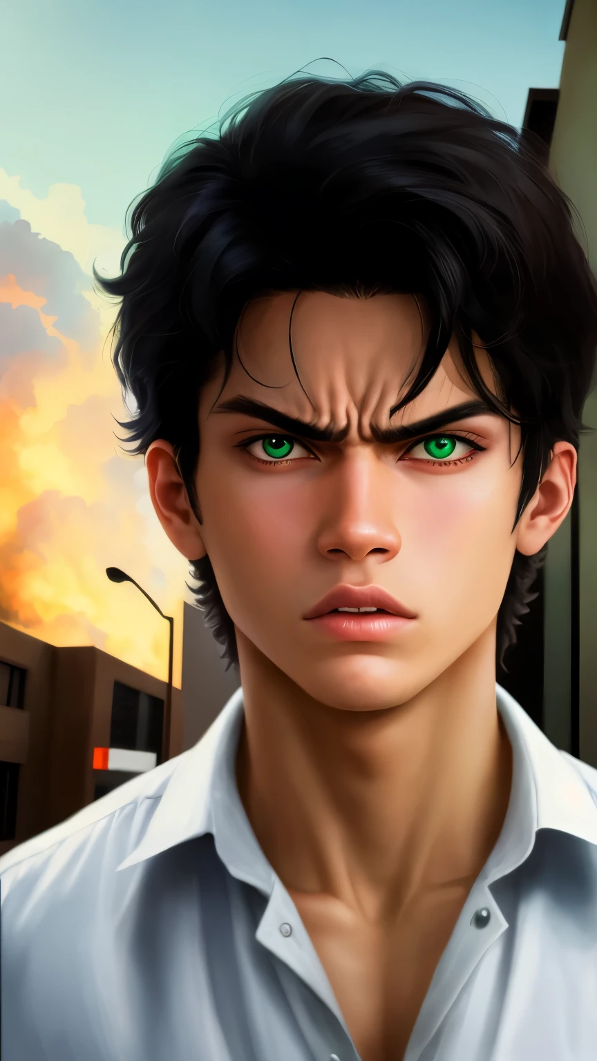 photograph of a very handsome boy, angry, with straight black hair, white skin color, green eyes, wearing 70's clothes, , face centered, cinema effect, school image background, edited in adobe premiere, 8k, detailed