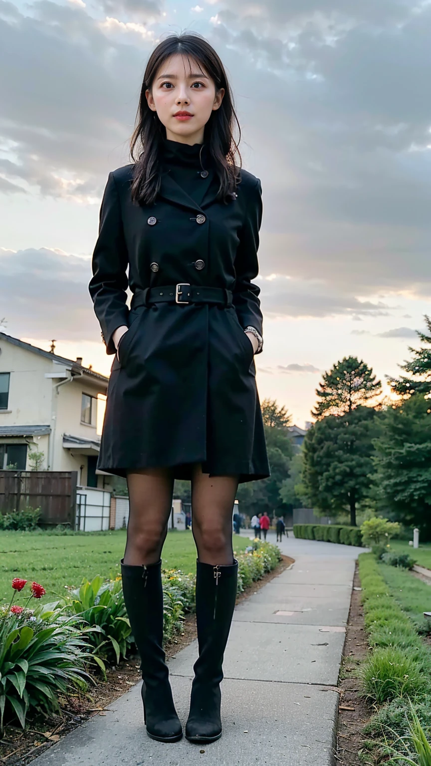 (8k、RAW Photos、highest quality、masterpiece:1.2)、(Realistic、Realistic)、1 girl、((mini skirt、Black Coat、tights、Large Breasts、View from the front、garden、boots、Standing))、Lots of eyelashes、Glowing eyelids、skeletally correct