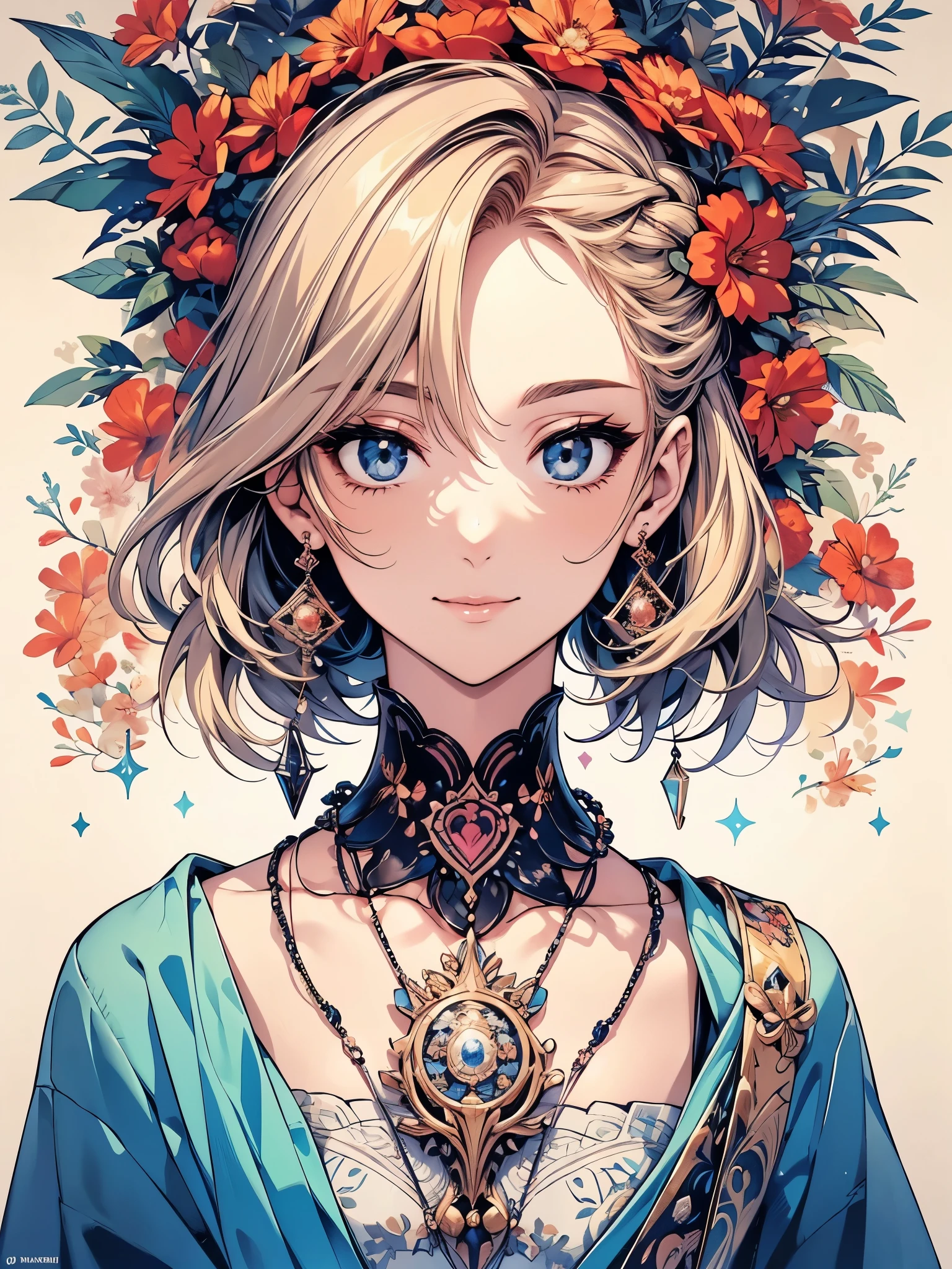 ((focus on the face)), ((Beautiful facial features)), Extra high detailed description eyes, Beautiful eyes, Beautiful woman, Beautiful arms, Beautiful Hands, (slender), Detailed depiction of faces, Small earrings, necklace, litle smile, Outstanding style, colour ink art, Line art, colour pencil writing, magazine cover, illustration, anime style, drop shadow, projected inset, 8K, Masterpiece, anatomically correct, award winning, best quality