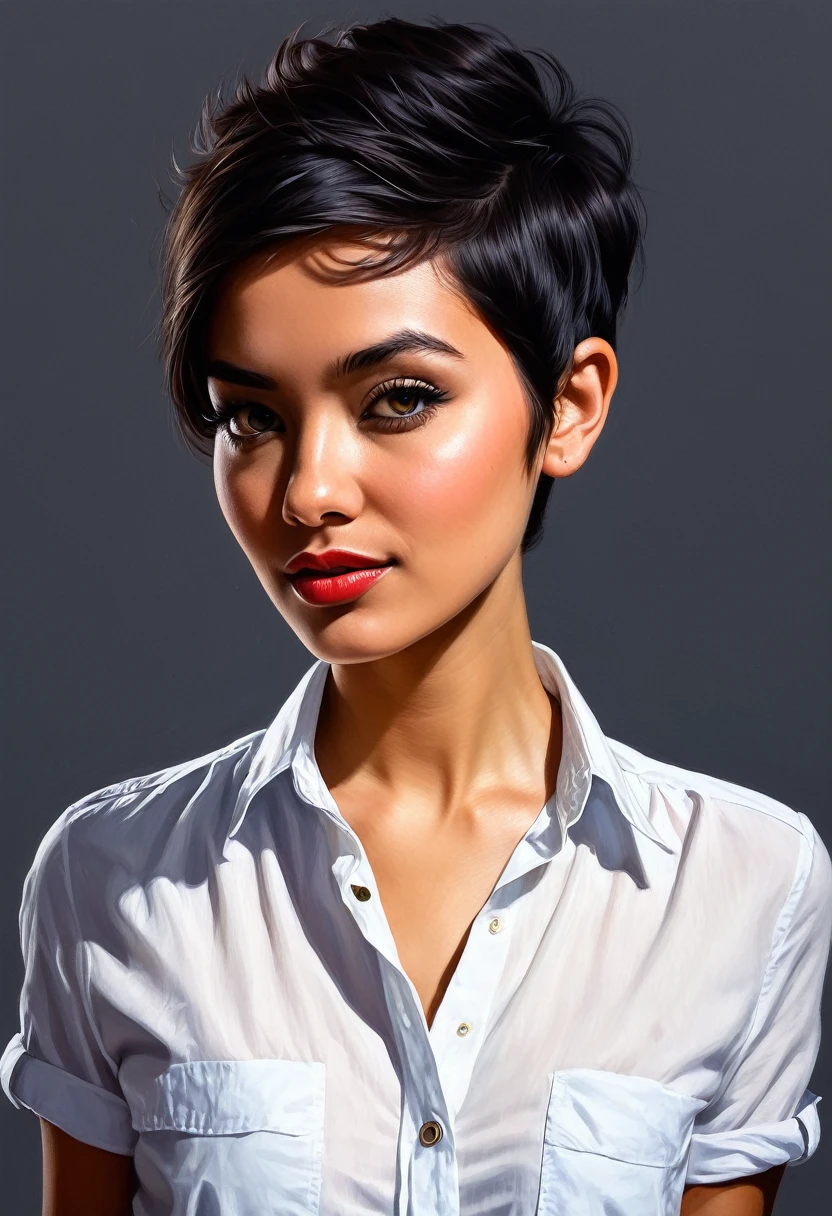 crea una mujer con pelo corte pixie ,con camisa negra , obra maestra, estilo ilustracion de Ali Erturk, alto detalle, hiperrealista, luz natural,ilustracion , colores llamativos