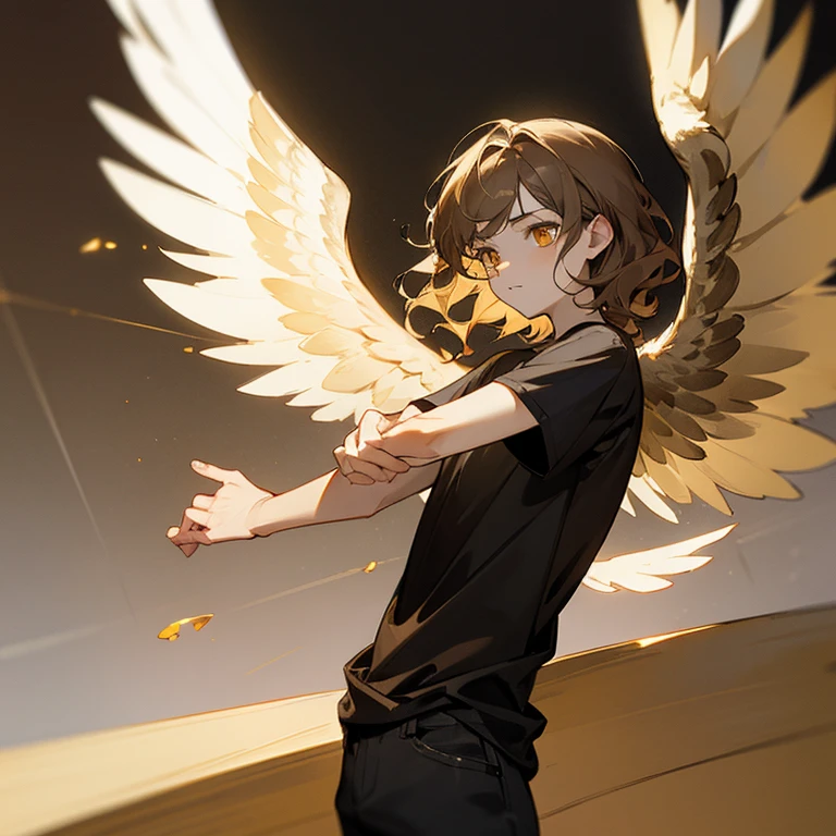 Winged angel with owl wings, young and tall, slim build, pale skin, golden eyes, short, wavy brown hair with golden highlights, black shirt without wings, casual clothing.