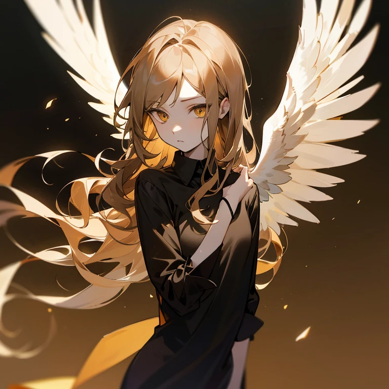 Winged angel with owl wings, young and tall, slim build, pale skin, golden eyes, short, wavy brown hair with golden highlights, black shirt without wings, casual clothing.