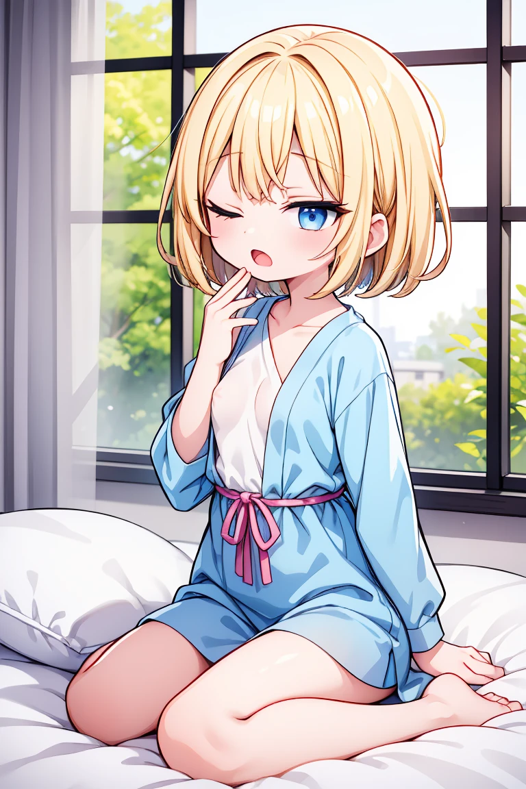 ((ultra detailed, masterpiece, best quality, 8k)), BREAK, 1girl, solo, (very flat breasts:1.2), (chibi:0.6),clear skinned female:1.2, ,(clear skin:1.8), blonde hair, short hair, pixie cut, wavy hair, blue eyes, one eyes closed, wake up yawn, open mouth, covering mouth, pijamas, (white pijamas), window, morning, looking at viewer, sitting, seiza, waking up, on bed, full body, BREAK