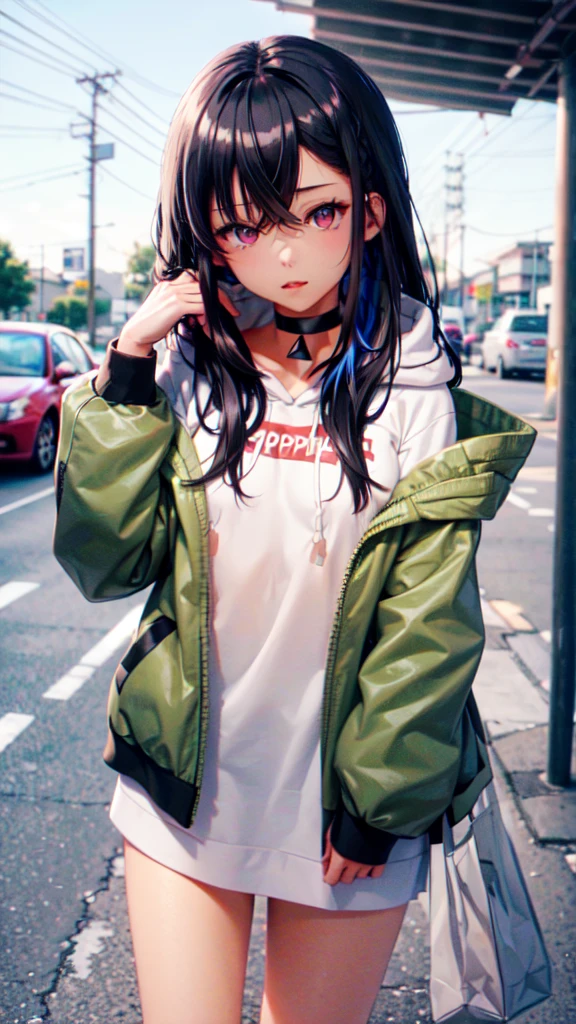 One Girl, alone, Aurha, Long Hair, Multicolored Hair, Black Choker, White hoodie, Lower the hood, Green jacket, Open jacket, Bottomless, Anime Style, Pop Style ,topless