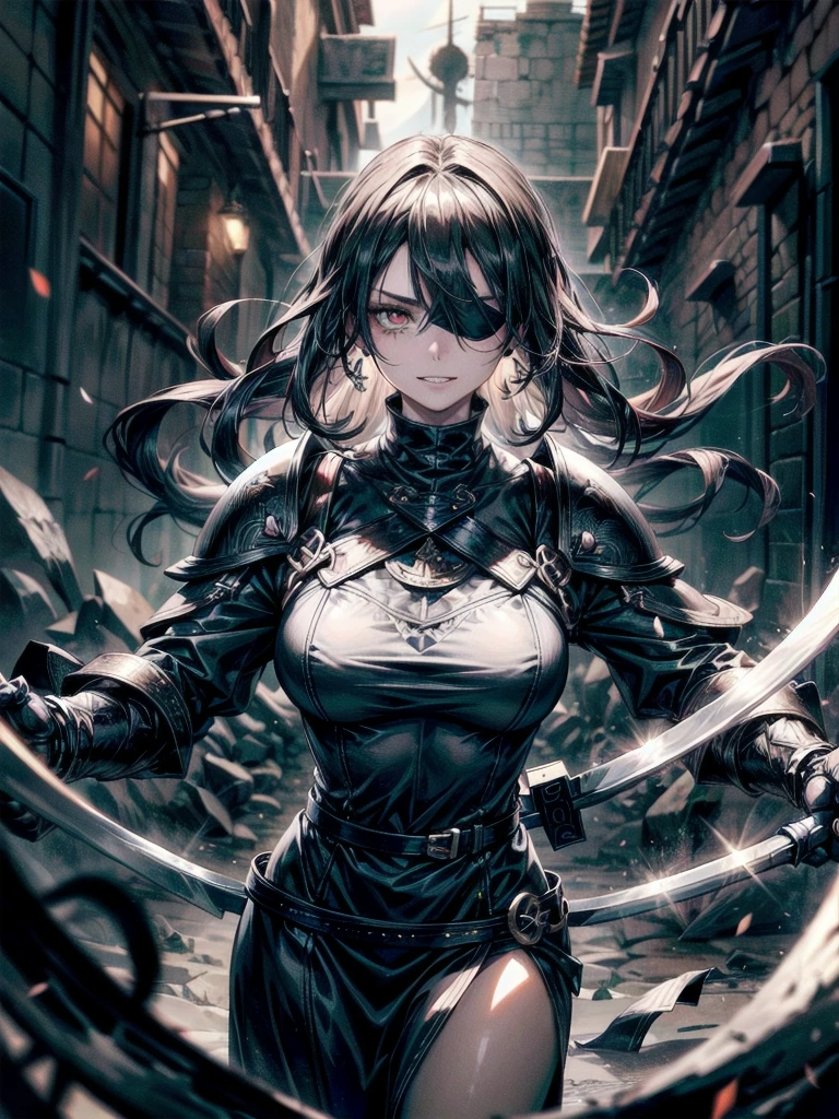((one-eyed blindfold)), holy paladin, scythe, dark Heavy armor, absurdres, RAW photo, extremely delicate and beautiful, masterpiece, Best Quality, ultra high resolution, 32k, hyperrealistic, ultra-detailed, detailed description, pale skin, 20 years old, tearful mole, earring, Colossal tits, short medium hair, wavy hair, evil grin, full body shot,