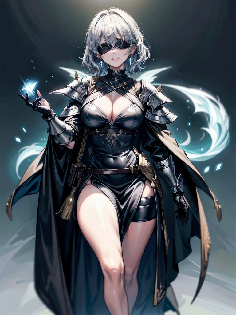 ((one-eyed blindfold)), holy paladin, scythe, dark Heavy armor, absurdres, RAW photo, extremely delicate and beautiful, masterpiece, Best Quality, ultra high resolution, 32k, hyperrealistic, ultra-detailed, detailed description, pale skin, 20 years old, tearful mole, earring, Colossal tits, short medium hair, wavy hair, evil grin, full body shot,