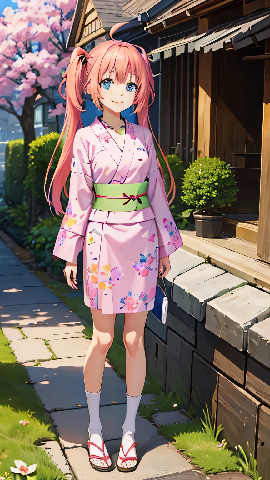 masterpiece, highest quality, High resolution，Anime Style、Characters from Tensura、Milim　　　　　　　　　　　　　Platinum pink hair（Twin tails:1:20）（Ahoge:1:10）、blue eyes、About 、、Smile with your mouth closed、The double tooth shines、Red on the neck、white、A necklace with a blue magatama、Border socks、Smiling innocently、Floral yukata、Stand upright