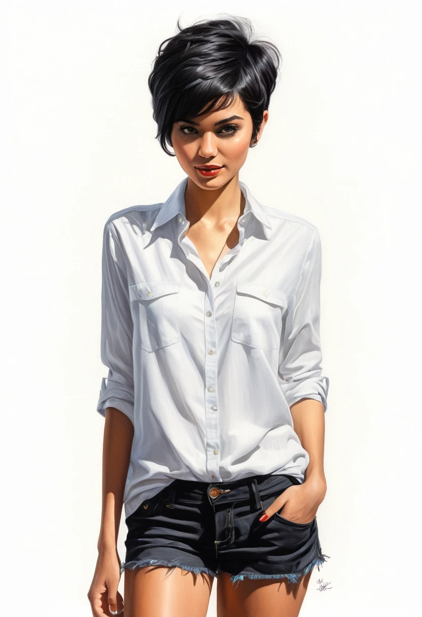 crea una mujer con pelo corte pixie ,con camisa negra , obra maestra, estilo ilustracion de Ali Erturk, alto detalle, hiperrealista, luz natural,ilustracion , colores llamativos