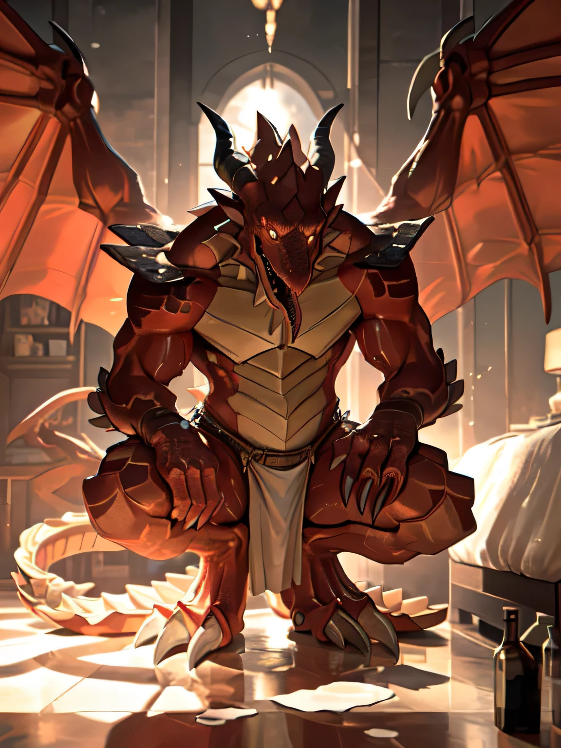 lonely, (muscular), (male human dragon):1.3, bright scales, (Kamiaki):1.3, (Common:1.4) (pray):1.23, (，wearing a short white loincloth）, exquisite eyes, lizard tail,a pair of dragon horns, a pair of dragon wings, (exquisite eyes，stripe，sharp claws，cute animal feet，Stick out your tongue，sloppy person，Liquid splashed all over the body.，water leak from lower body，Fluid leaking from the lower body，Milk spilled on the floor，shining eyes):1.1, (In my room:1.35), in the bedroom，Squatting on the bed，dim，being licked，enjoy，addicted， My face turned red，color，submit，caress，drunk，laugh，enjoy，looking at camera，submit，It is interesting，detailed background，In reality，realistic hands，8k high dynamic range，（shadow，Wide dynamic range，high dynamic range，highlight：1.2）