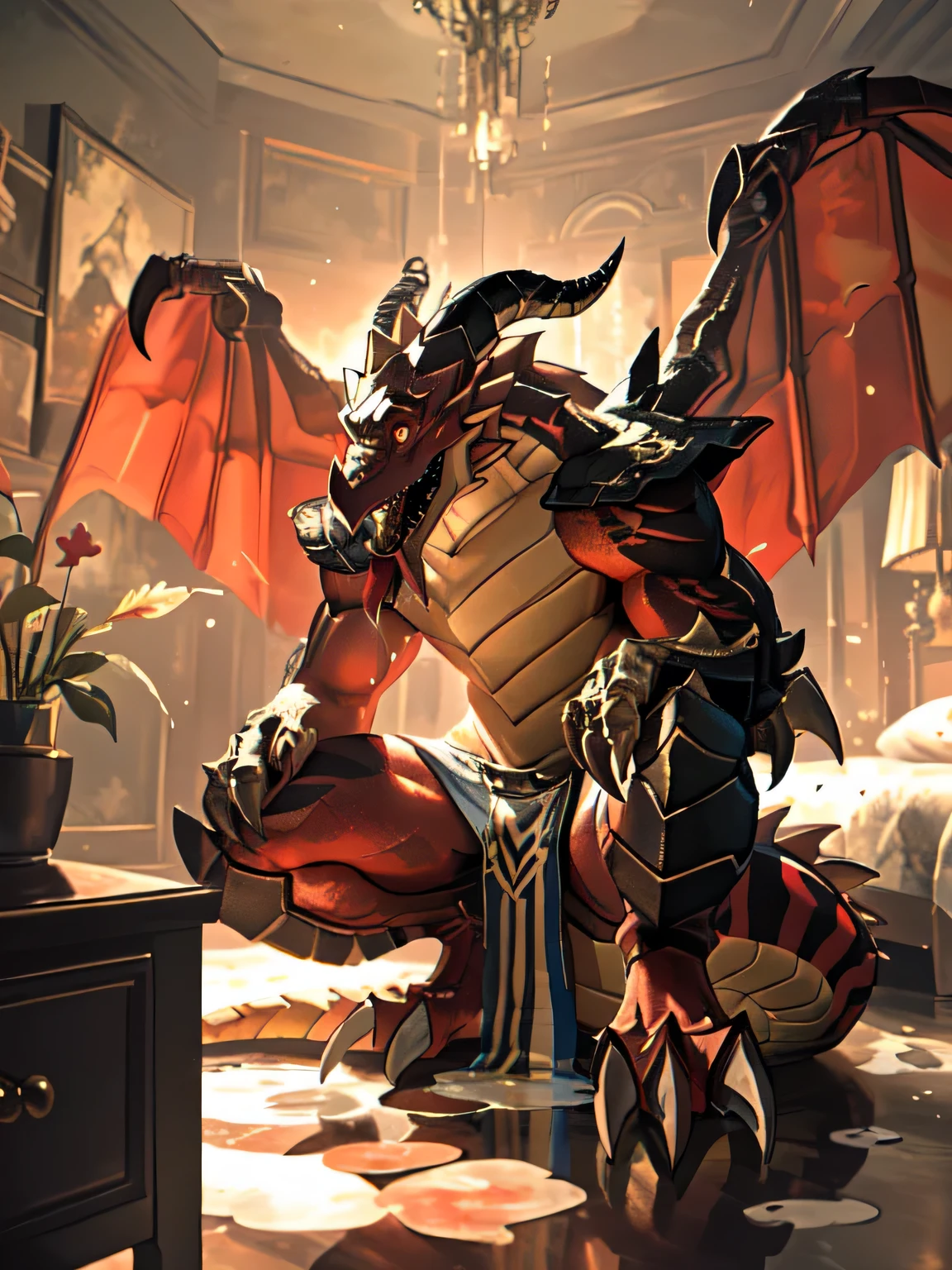 lonely, (muscular), (male human dragon):1.3, bright scales, (Kamiaki):1.3, (Common:1.4) (pray):1.23, (,wearing a short white loincloth), exquisite eyes, lizard tail,a pair of dragon horns, a pair of dragon wings, (exquisite eyes,stripe,sharp claws,cute animal feet,Stick out your tongue,sloppy person,Liquid splashed all over the body.,water leak from lower body,Fluid leaking from the lower body,Milk spilled on the floor,shining eyes):1.1, (In my room:1.35), in the bedroom,Squatting on the bed,dim,being licked,enjoy,addicted, My face turned red,color,submit,caress,drunk,laugh,enjoy,looking at camera,submit,It is interesting,detailed background,In reality,realistic hands,8k high dynamic range,(shadow,Wide dynamic range,high dynamic range,highlight:1.2)