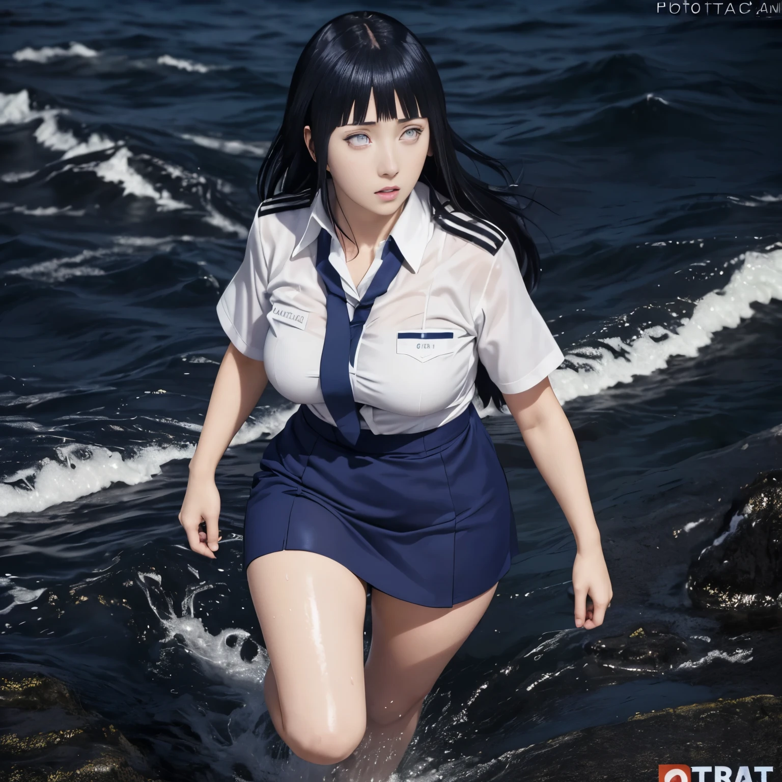 ((Hyuuga hinata)), Top Quality, Masterpiece, Ultra High Definition, (Photorealistic: 1.4), Raw Photo, 1 Girl, Dark Blue Hair, white eyes, Glossy Skin, WET BODY, Dramatic Lighting, Full Body,, Flight attendant uniform, Big breast, gravure Idol