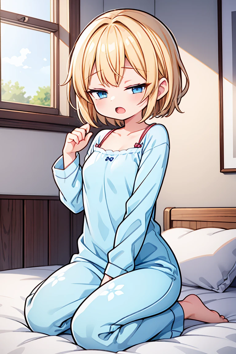 ((ultra detailed, masterpiece, best quality, 8k)), BREAK, 1girl, solo, (very flat breasts:1.2), (chibi:0.6),clear skinned female:1.2, ,(clear skin:1.8), blonde hair, short hair, pixie cut, wavy hair, blue eyes, one eyes closed, wake up yawn, open mouth, covering mouth, pijamas, (white pijamas), window, morning, looking at viewer, sitting, seiza, waking up, on bed, full body, BREAK
