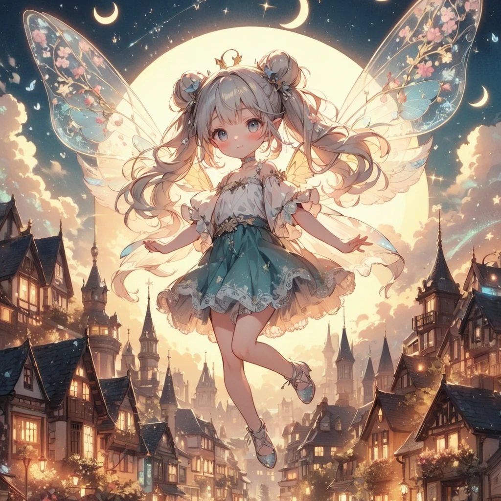 (Exquisite, beautiful, Very detailed, masterpiece, High resolution,high quality,High resolution),(Well-formed face,Soft and thin lines: 1.2, beautiful, Delicate and vivid illustrations with a mature and clear feel) , A beautiful, young fairy princess with butterfly-like wings is floating in the air and flying in the sky of an old European town on a crescent moon night. Looking in the direction of the camera on a beautiful, dark moonlit night. A beautiful, large crescent moon, stars, shooting stars, and shooting stars.,(She has beautiful, clear fairy wings growing from her back and is wearing a tiara, earrings and a choker.), She laughs shyly and shyly.,She is wearing a beautiful black and silver ball gown dress decorated with jewels, ribbons, frills and lace, and has beautiful fairy shoes.,(blushing shyly,She has pointy ears, pale pink cheeks, beautiful medium length silver hair, plump pink lips, fair skin, a large bust, and a nice figure.),Vibrant and striking colors,From a little distance,Dreamy cute atmosphere