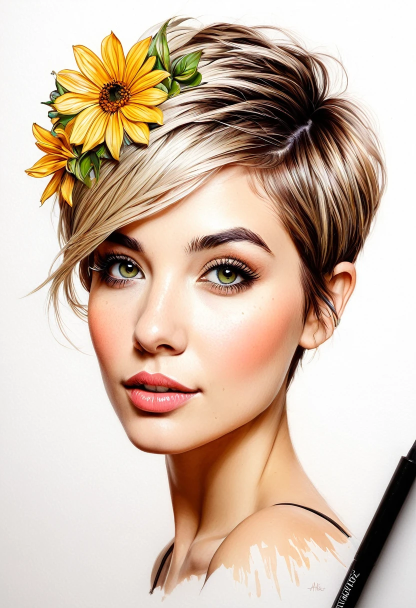 crea una mujer de pelo corto pixie, flores, obra maestra, estilo ilustracion de Ali Erturk, alto detalle, hiperrealista, luz natural,ilustracion , colores llamativos