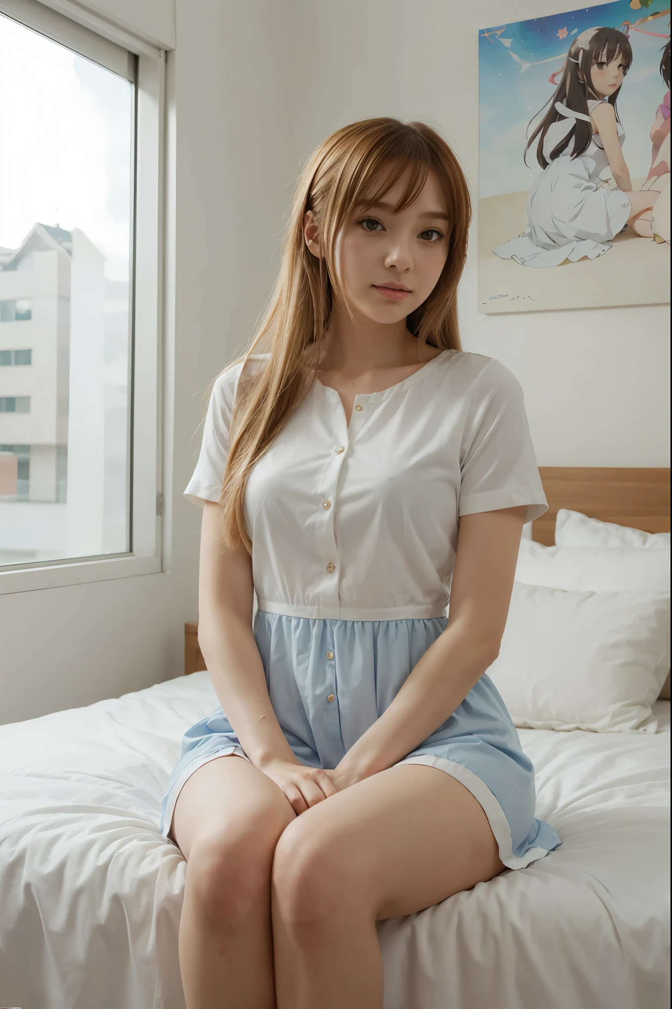 Highly Detailed CG Integrated 8k Wallpaper、Very Good、Absurd、8KCG Wallpaper、Highest Quality、Super Detailed、Cute Face、Anime Girl Sitting on Bed in Blue Dress and White Shirt, Home Art Animes, Blonde Long Hair anime girl, anime style as destiny, Cute girl anime pictures, cute anime wife in a nice dress, in a dress, best anime girl, small curves, anime moe art style、The stars are full of shine