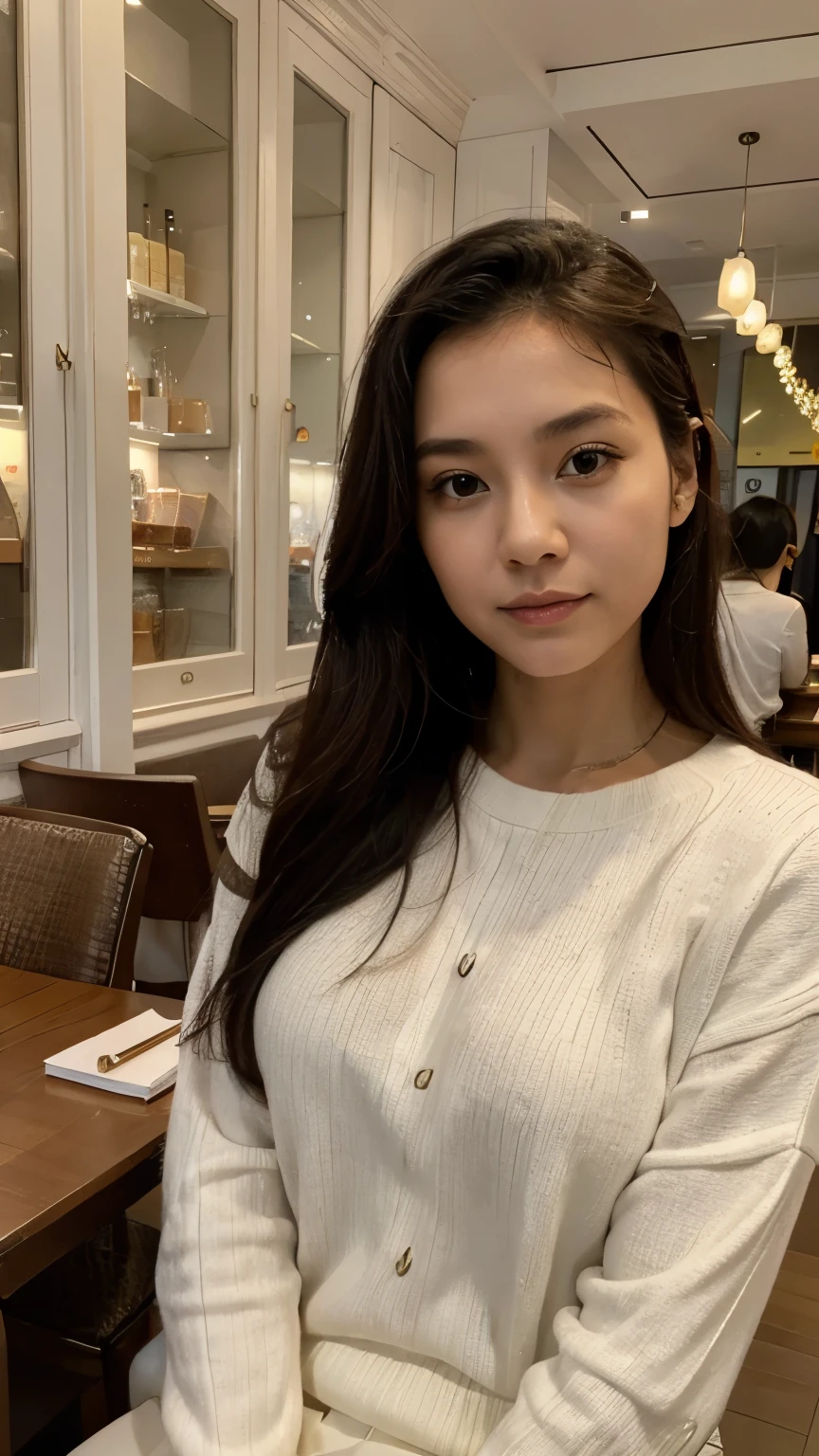 30 years old hong kong woman selfie in France cafe, white jumper