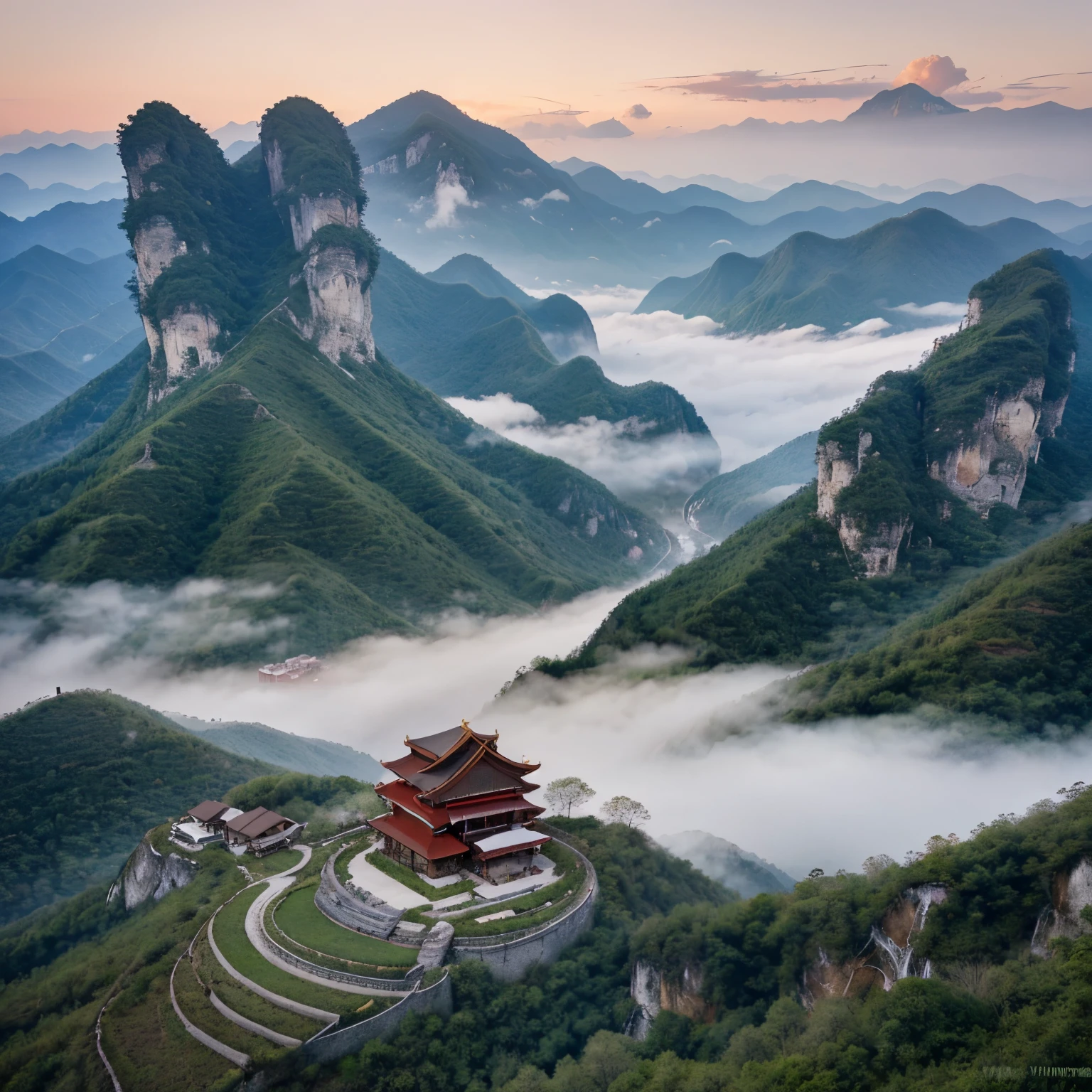 mountains with a small red building on top of them, by Cheng Jiasui, chinese landscape, by Yuan Jiang, an amazing landscape image, zhangjiajie in early morning, by Liu Haisu, by Raymond Han, breathtaking mountains, by Xia Yong, floating mountains, incredibly beautiful, by Ren Xiong, zhangjiajie national forest park