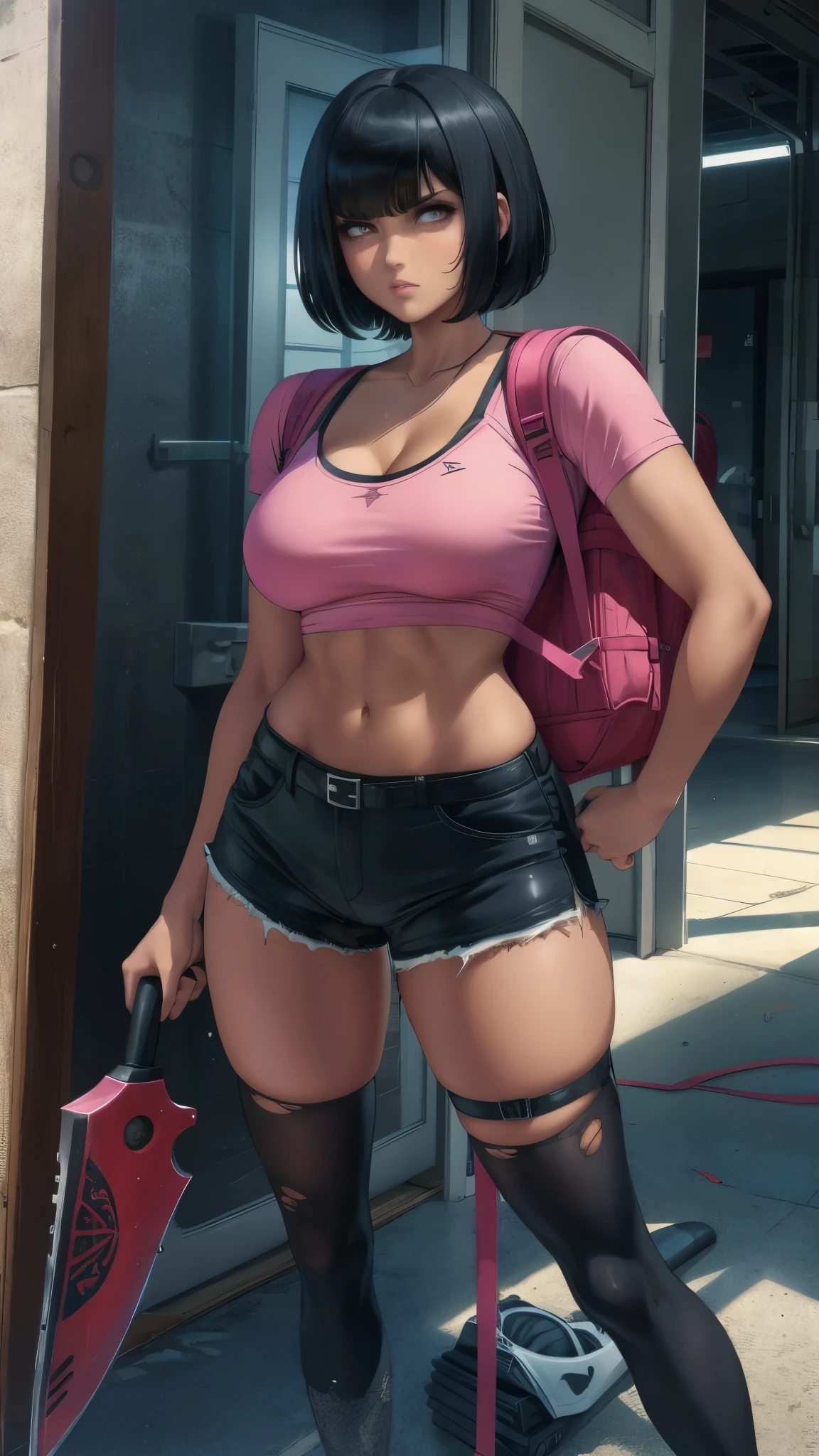 short black hair, with slightly messy bangs.  Dark, penetrating brown eyes.  Thin and marked build.  She wears torn black shorts, blue tennis shoes, and a pink navel blouse with straps. He has an axe in his right hand and a backpack on his back. Busty. Zombie around