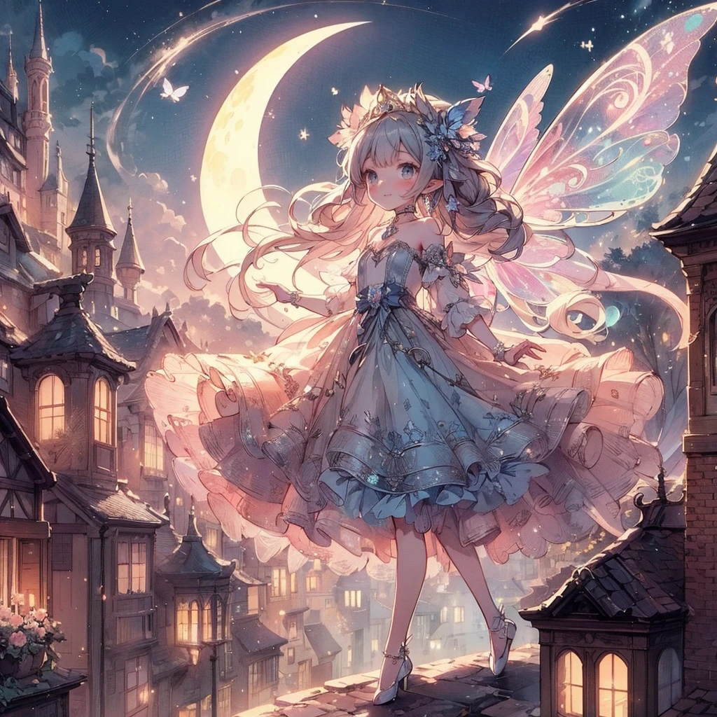 (Exquisite, beautiful, Very detailed, masterpiece, High resolution,high quality,High resolution),(Well-formed face,Soft and thin lines: 1.2, beautiful, Delicate and vivid illustrations with a mature and clear feel) , A beautiful, young fairy princess with butterfly-like wings is floating in the air and flying in the sky of an old European town on a crescent moon night. Looking in the direction of the camera on a beautiful, dark moonlit night. A beautiful, large crescent moon, stars, shooting stars, and shooting stars.,(She has beautiful, clear fairy wings growing from her back and is wearing a tiara, earrings and a choker.), She laughs shyly and shyly.,She is wearing a beautiful black and silver ball gown dress decorated with jewels, ribbons, frills and lace, and has beautiful fairy shoes.,(blushing shyly,She has pointy ears, pale pink cheeks, beautiful medium length silver hair, plump pink lips, fair skin, a large bust, and a nice figure.),Vibrant and striking colors,From a little distance,Dreamy cute atmosphere