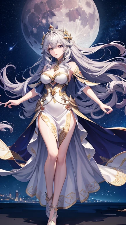 Anime woman, straight long white hair, pale skin, (sfw), large breasts, wide hips, thick thighs, blue eyes, priestess, fantasy, long white dress with gold trim, detailed face, detailed eyes, UHD 8K, full body image, feminine pose, standing pose, elf ears