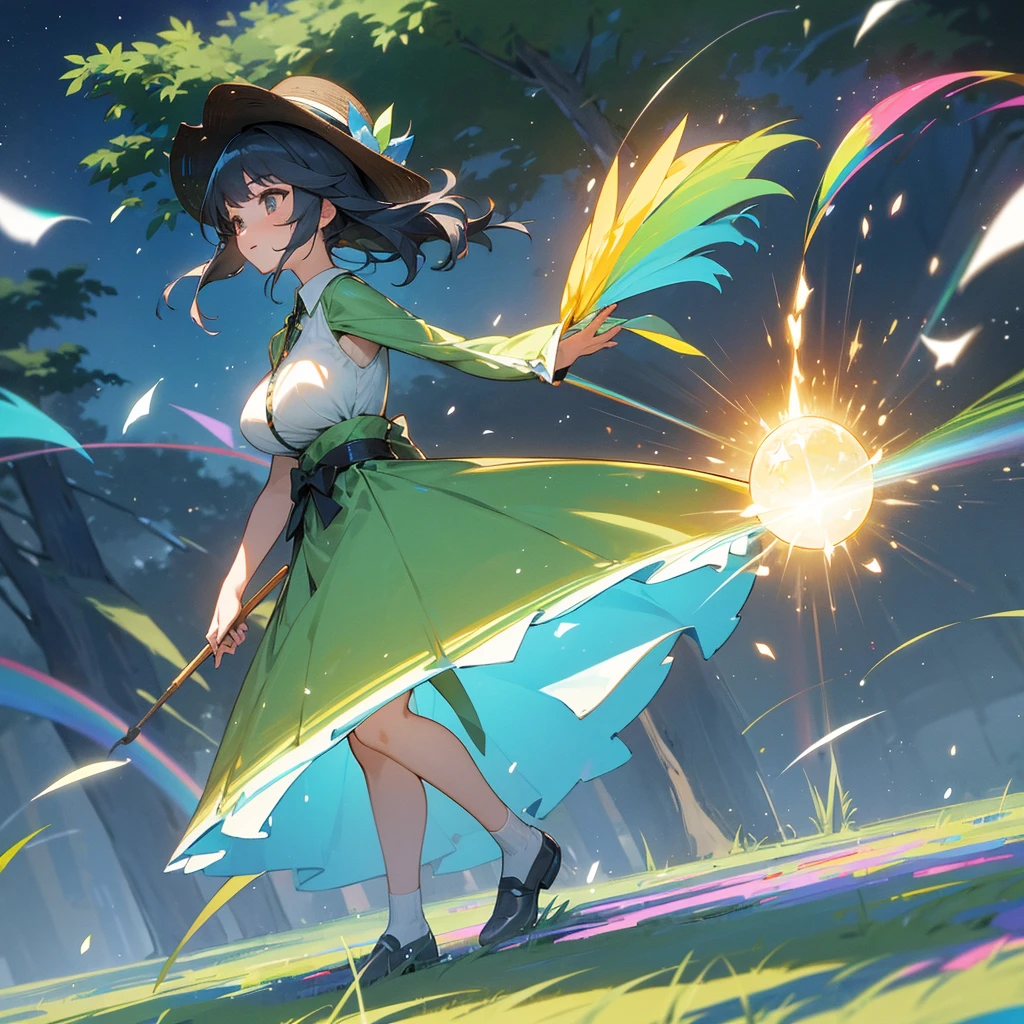 One female、In the grassland、Wearing a large straw hat、Rainbow dress、Fluttering Skirt、Fluttering Ribbon、Wind and light expressed with particle effects、Swaying Grass、One big tree、side、Full body cut、Masterpiece、Maximum Performance,Fancy Forest、Fancy Star、Sparkle々and shining stars、illumination,Large Breasts、Large Breasts、Full body movement、Cute pose、Dynamic、Dynamic、Dynamic、Generate afterimages with particle effects