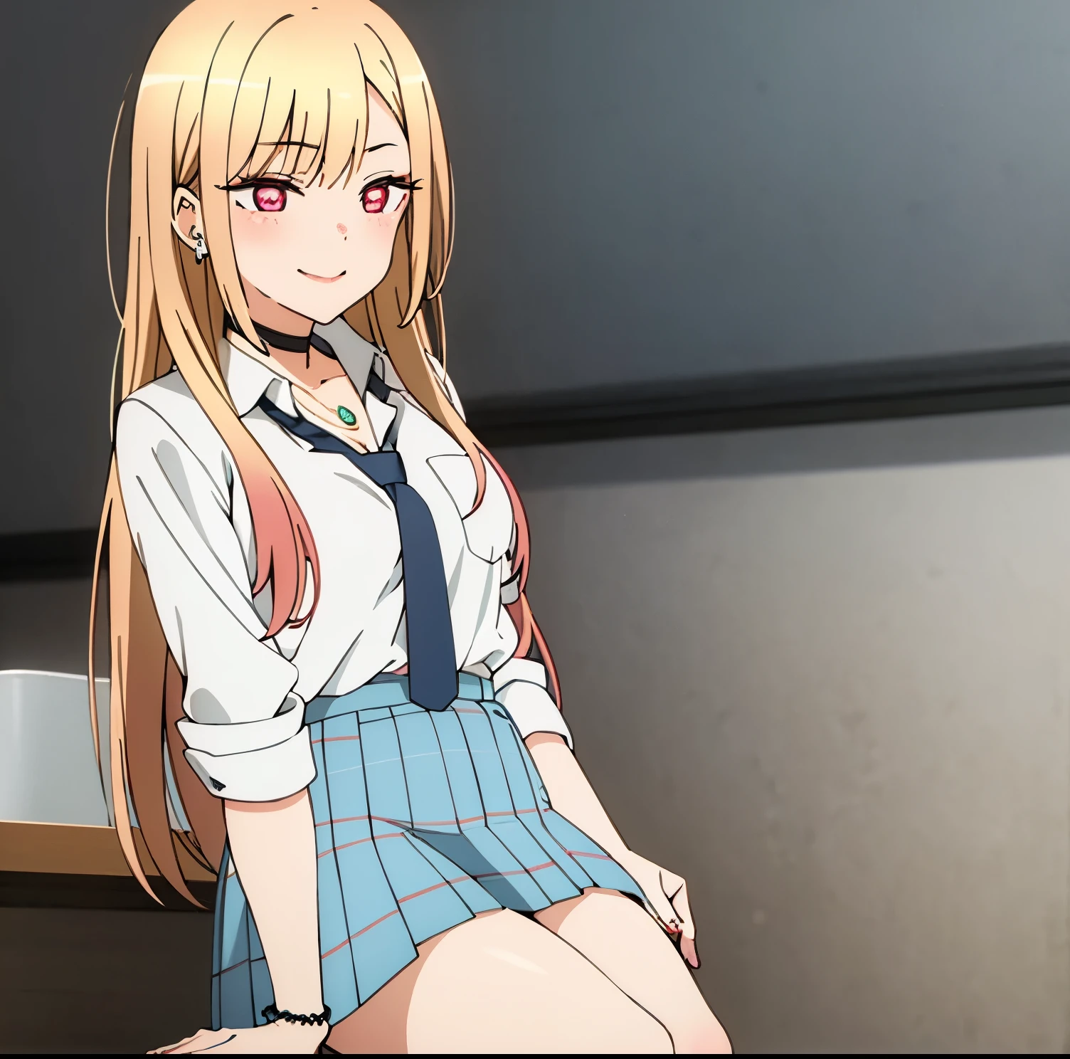 1girl, alone, marin kitagawa,Masterpiece, Best Quality, High Resolutions, blonde hair, Long hair, hair with pink tips, red eyes, jewelry, necklace around the neck, choker, , white collared shirt, shirt long sleeve, dark blue tie, blue skirt plaid, short skirt, bare legs, gal, brown loafers, black stockings, cleavage, ear piercings, large breasts, medium waist, medium hips, wide thighs, bracelet, classroom, sitting at desk, legs crossed, smile ,mouth closed, seductive, embarrassed, excellent hands, excellent anatomy, sunny, sunset, good lighting, perfect hands, perfect anatomy 