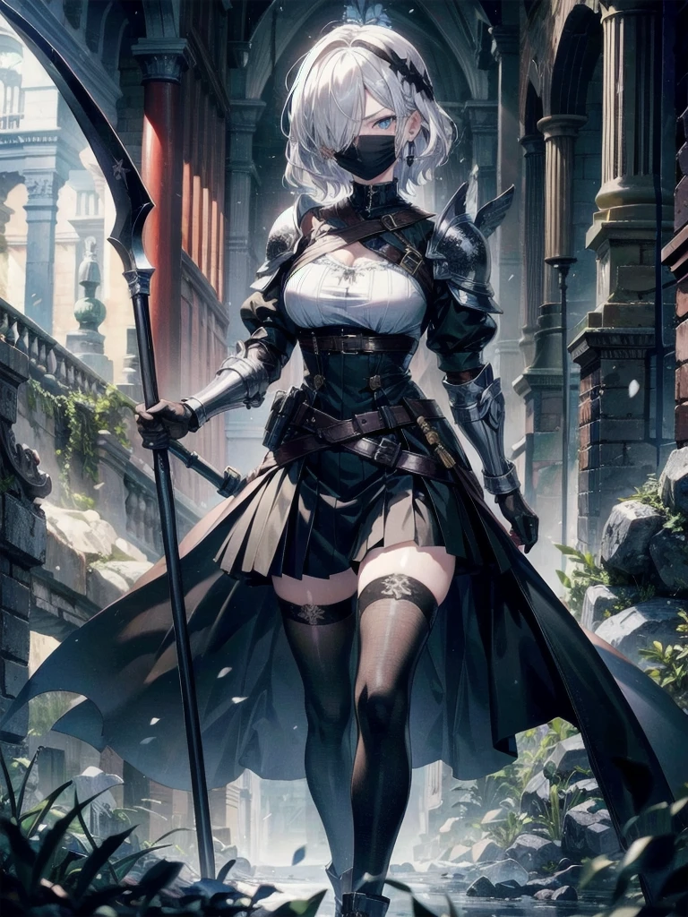 ((one-eyed blindfold)), holy paladin, scythe, dark Heavy armor, absurdres, RAW photo, extremely delicate and beautiful, masterpiece, Best Quality, ultra high resolution, 32k, hyperrealistic, ultra-detailed, detailed description, pale skin, 20 years old, tearful mole, earring, Colossal tits, short medium hair, wavy hair, evil grin, full body shot,